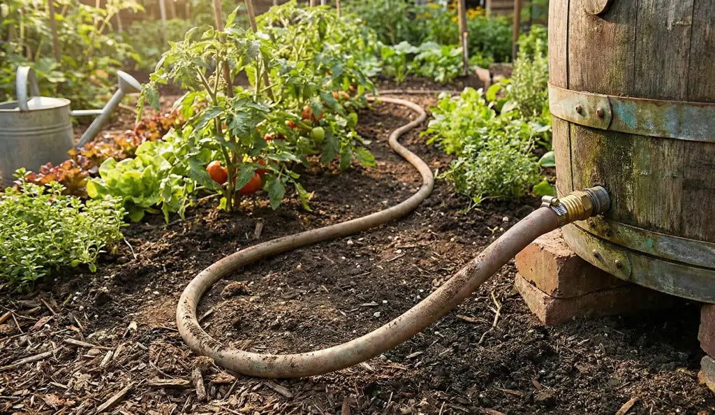 Regentonne mit Wasserschlauch der ins Beet in eine unterirdische Bewässerung führt
