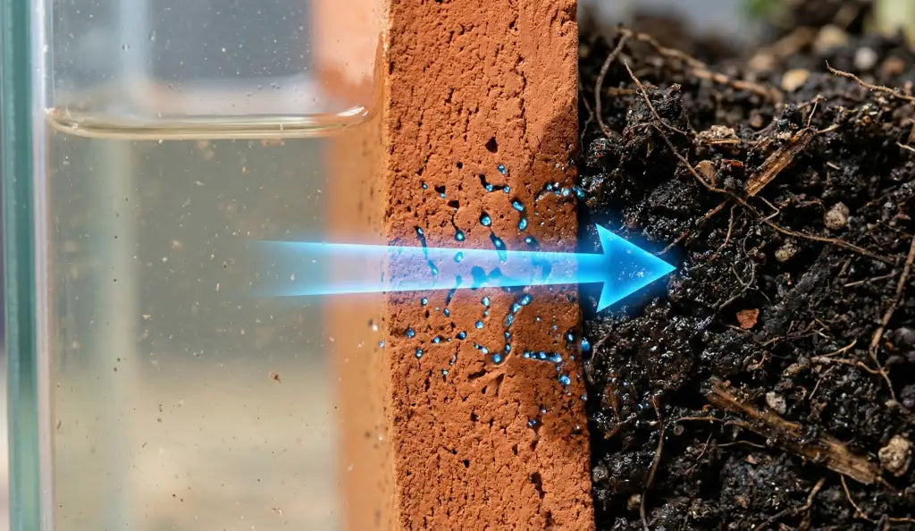 Das Bild zeigt, wie Wasser von Links durch die Kapillare des Tons bedarfsgerecht an die Erde abgegeben wird