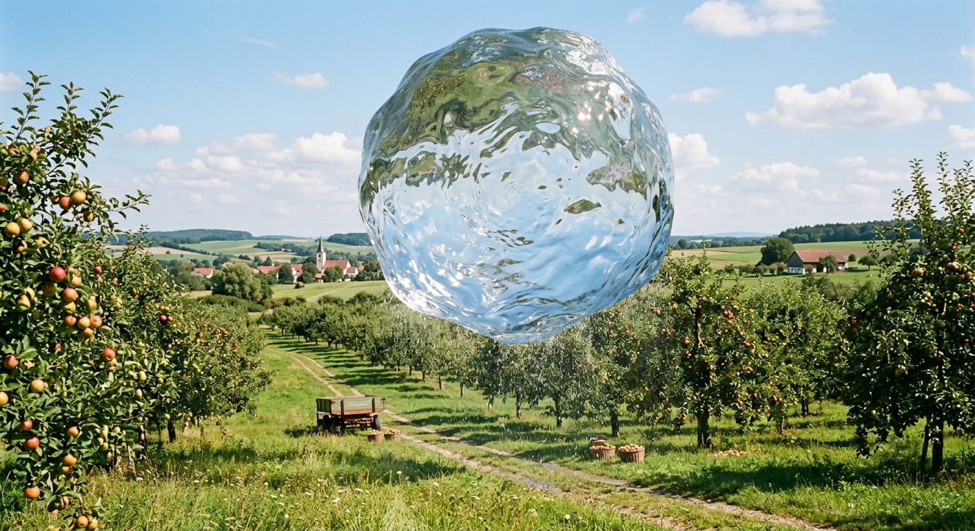 Ein Wasserblob von 160.000 Litern schwebt über einer Obstwiese